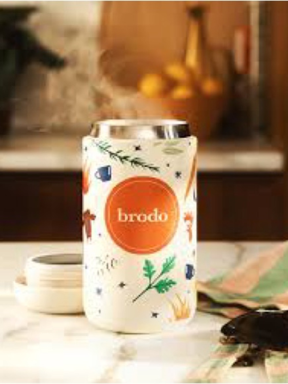 Cream Insulated Mug with Orange Logo and Multicolor Botanical Decor